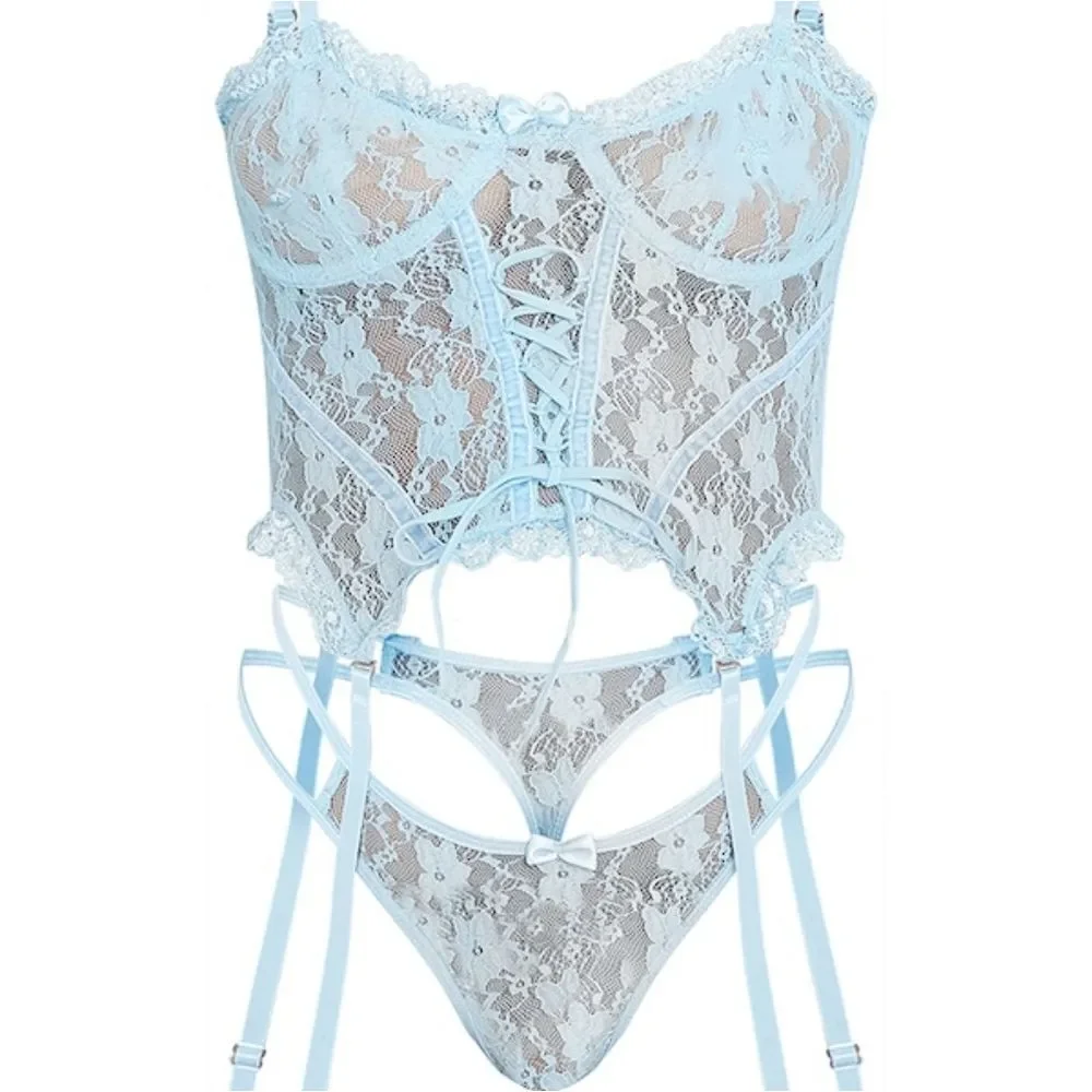 PrettyLittleThing Baby Blue Frill Edge Lace Up Corset And Thong Lingerie Setin M - Picture 5 of 8